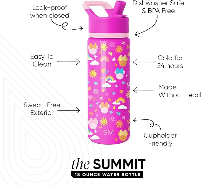 Simple Modern Kids Summit Water Bottle with Straw Lid | Disney Mickey Mouse 18oz Stainless Steel Cup Insulated Tumbler for Boys, Girls, School | Minnie Doodle