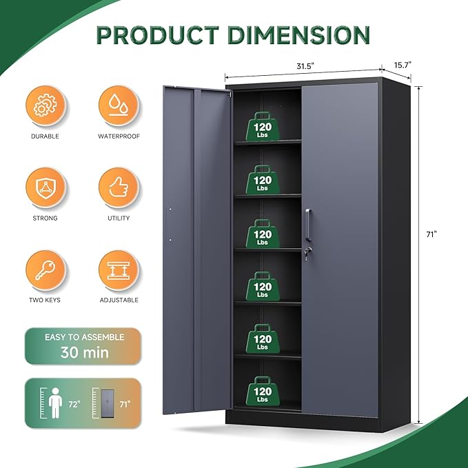 Letaya Metal Storage Cabinets with Lock Door and 5 Adjustable Shelves, Steel Garage Tool Organization Cabinets for Home,Utility Room, Warehouse,Lockers(71"-Black Gray) | Lock Door, 5 Adjustable Shelves, Garage, Lockers