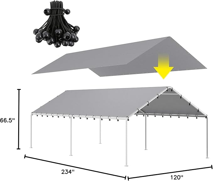 DWALE 10 x 20 Ft Carport,Replacement Canopy Cover Garage Top Tent Shelter Tarp,Grey with 48 Ball Bungee Cords Waterproof & UV Protected (Only Tarp Cover, Frame Not Include)