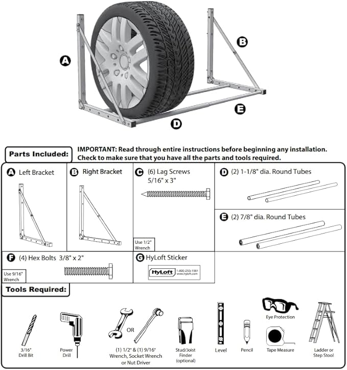 HyLoft 01031 Wall-Mounted Folding Tire Storage Loft Rack, 32 to 48 Inches Wide, Supports 300 Pounds and Folds Flat, Silver
