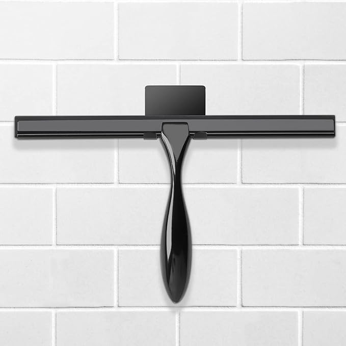 Simtive 10-Inch Shower Squeegee Set, Includes Shower Door Hook and Adhesive Hook, Squeegee for Shower Doors, Mirror and Window, Black