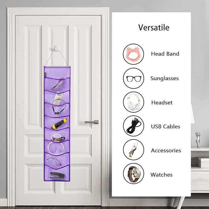 Wall Hanging Headband Organizer Ribbon Hair Hoops Storage Hairbands Hair Accessory Holder with Clear Pockets (PURPLE-8 POCKETS)
