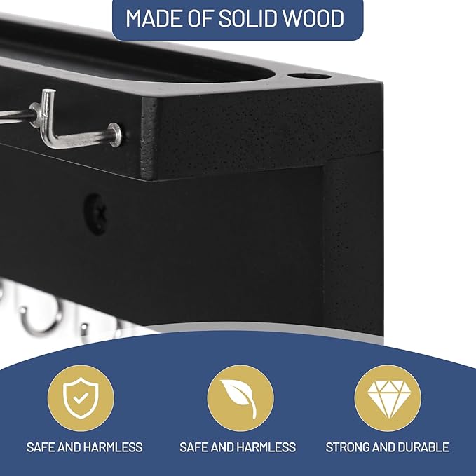 Necklace Holder Organizer Wall Mount,Jewelry Holder Organizer with 30 Hooks,Oak Jewelry Organizer and Storage for Necklaces,Bracelets and Rings (Black)