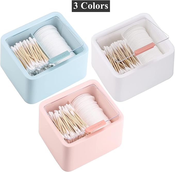 Tecbeauty Large Qtips Holder - 2 Grids Cotton Swabs Dispenser Bathroom Organizer Cotton Balls, Pads Storage Canisters, Hinged Lids, Blue