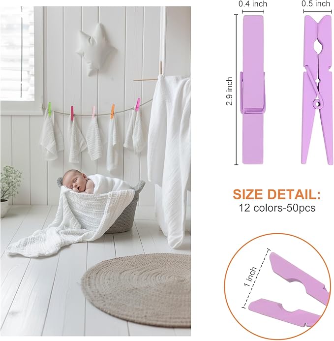 WAENLIR Colored Clothes pins 12 Color 2.9inch 100PCS, Colorful ClothesPins Wooden Clips for Photos Pictures Decorative Crafts, Decoration clothespins Clothing Hanging clothespins (12 Colors 100pcs)
