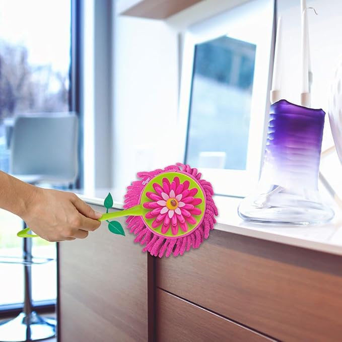 Vigar Flower Power Microfiber Duster with Comfortable Non-Slip Handle, Detachable Washable Duster Head, Green and Pink