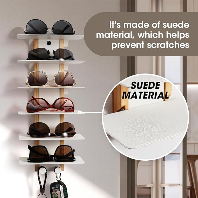 J JACKCUBE DESIGN Sunglasses Storage Organizer Wall Mounted 6 Eyeglasses Display Holder Shelf Rack, Eyewear Hanging Rack with Metal Hooks (White)- MK1030B