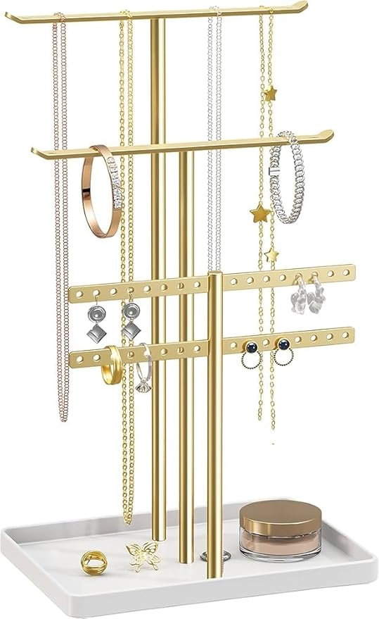 Gold Jewelry Organizer Stand, Heavy Duty Iron Necklace Holder with Tray, Anti-Rust Countertop Display for Earrings Bracelets Rings