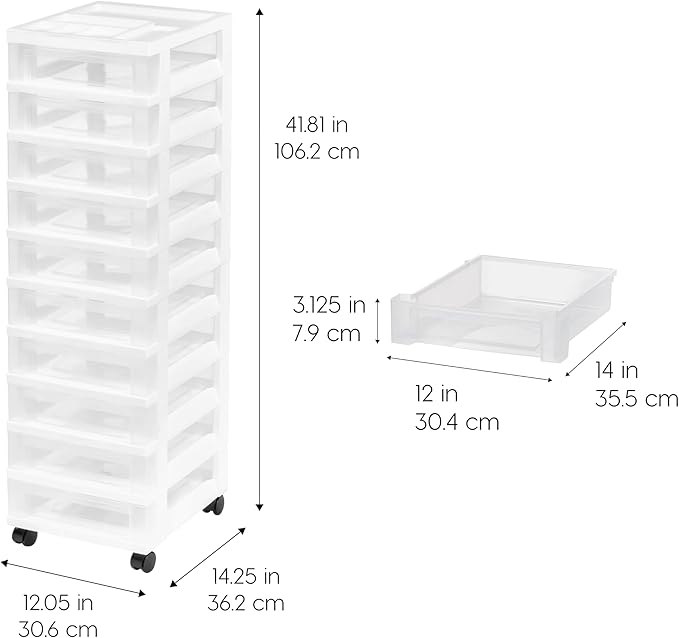 IRIS USA Plastic Drawer Storage Organizer Rolling Cart, with Wheels Casters, 10-Drawers, for Classroom Art Craft Supplies Dresser Closet Bathroom Laundry Room, White/Clear