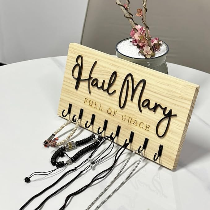 Hail Mary Family Rosary Hanger Wall, Wooden Rosary Holder Wall Mount, Catholic Home Decor, Religious Engagement or Wedding Gift, Godparent Gift, Religious Gifts for Her