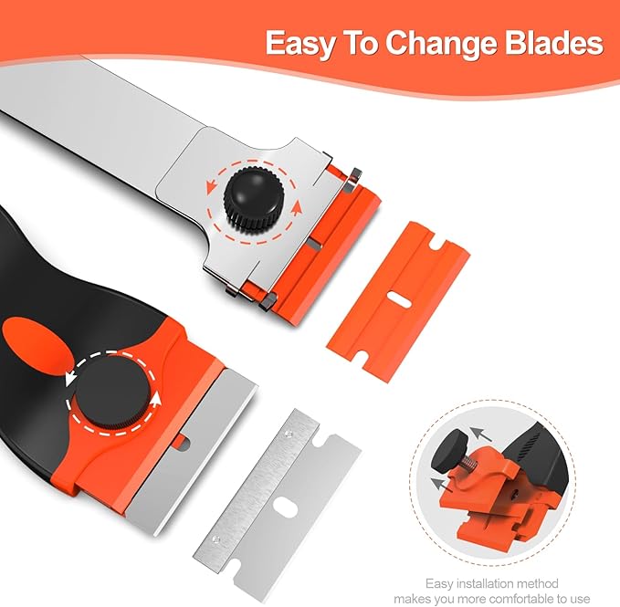 3 Pack Razor Blade Scraper Set, Includes 30 Plastic & 30 Metal Blades, Multi-Purpose Tool for Glass, Cooktop, Sticker Removal, Paint & Gum Cleaning (Orange)