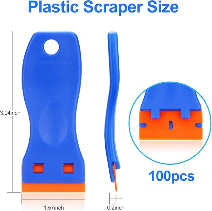4 Pcs Plastic Razor Blade Scraper and 100 Pcs Blades, Remove Label Decal Tool， Forwithout Scratches Plastic Razor Blade Scraper, Adhesive Remover for Stickers, Gaskets and Paints on Window Car Glass