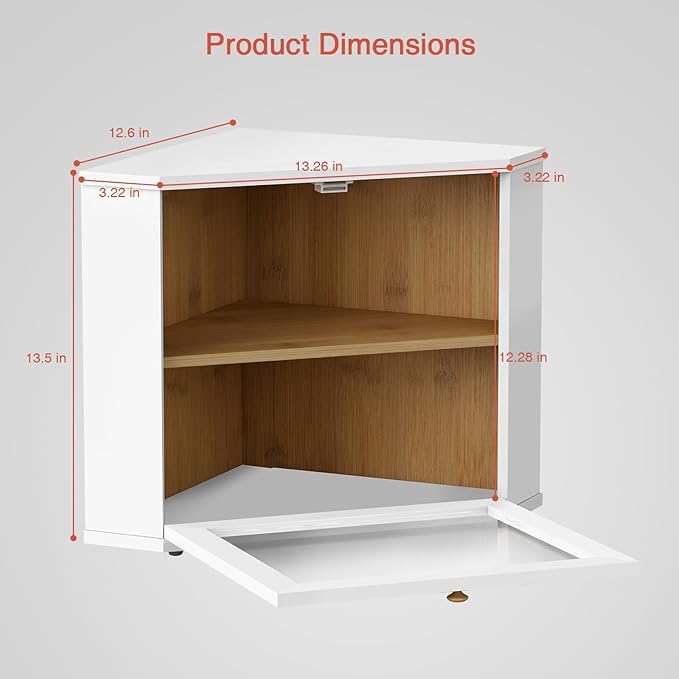 White Corner Bread Box for Kitchen Countertop, 2 Tier Breadbox for Sourdough Loaf, Modern Bread Storage Container for Island Counter Top Organizer, Cabinet Cupboard Pantry Shelf (Bamboo Wood)