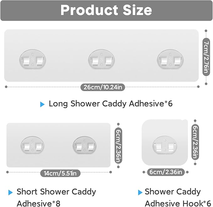 20 Pack Shower Caddy Adhesive Replacement, Transparent Strong Adhesive Hooks, No Drilling, Waterproof Wall Hooks for Shower Caddy, Bathroom Storage Shelves and Kitchen Racks