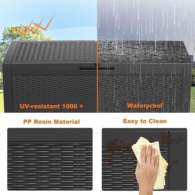120 Gallon Outdoor Deck Box,Waterproof Resin Outdoor Storage Boxes, Outside Storage Lockable Container for Garden Tools,Indooor Cushions,Accessories (Black)