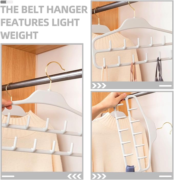 2pcs Belt Holder Organizer with 11 Hooks, Multi-Slot Scarf Hanger Rack for Closet Storage, Large Capacity Hanging Accessory Organizer for Belts, Ties, and Scarves, Light Gray
