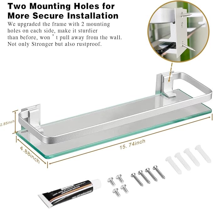 VOLPONE Glass Bathroom Shelf 15.7in Bathroom Shelf Wall Mounted Floating Glass Shelves with Towel Holder Glass Shelf for Bathroom 2 Tier (Sliver)