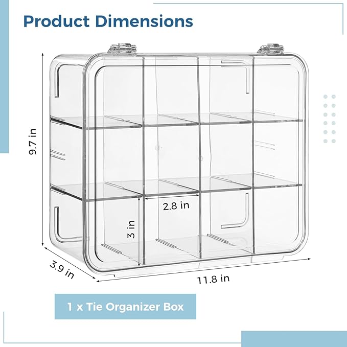 Varku Tie Organizer Box, 12-Cell Clear Tie Rack Organizer, Stackable Tie Display Rack, Drawer Closet Storage Bin with Lid, Storage Box for Ties (12 Grids)