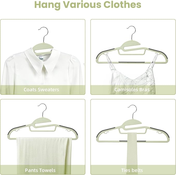 Heavy Duty Plastic Hangers 50 Pack with Non-Slip Design,0.2 Inches Thick,360°Swivel Hook Space Saving Organizer for Bedroom Closet,Shirts,Pants,Strong Enough for Coat(Matcha Green- S Shaped)