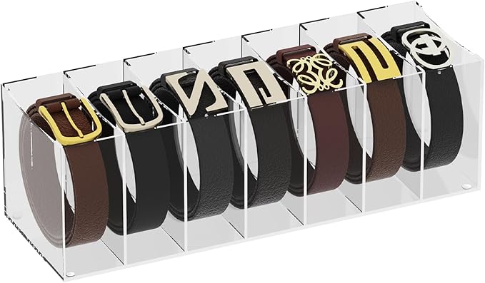 Belt Organizer, Acrylic Belt Storage Holder for The Closet, 7 Compartments Display Case for Tie and Bow Tie