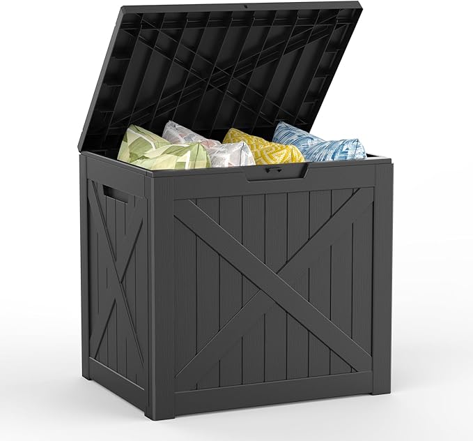 Mars Villa 31 Gallon Barn Style Deck Box, Outdoor Storage Box Waterproof, Lockable Lid, Weatherproof and UV Resistant Resin Storage Bin for Patio Furniture Cushions, Pool Supplies, Garden Tools, Black