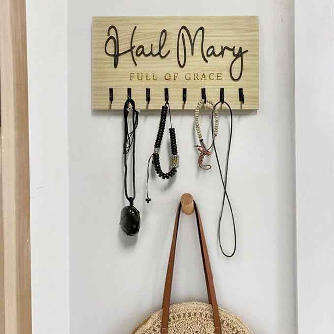 Hail Mary Family Rosary Hanger Wall, Wooden Rosary Holder Wall Mount, Catholic Home Decor, Religious Engagement or Wedding Gift, Godparent Gift, Religious Gifts for Her