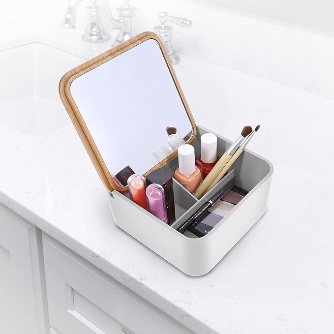 Ginsey Home+Solutions Bamboo Organizer with Mirror - Stackable, Multi-Use Storage, Cosmetic and Jewelry Organizer