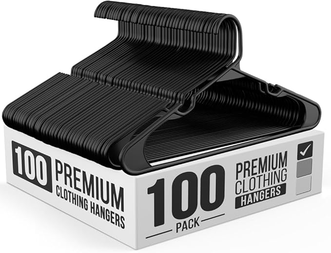 100 Pack Adult Plastic Hanger for Shirt Pants Coats Dresses Skirts Suits Jackets - Standard Thick Coat Hanger - Sturdy & Durable Design with Shoulder Grooves Hook - Black