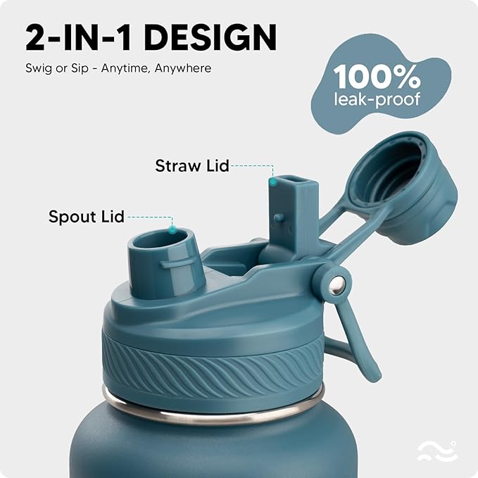 [2-IN-1 LID] Insulated Water Bottle with Silicone Boot (36hrs Cold/18hrs Hot) - DIY Stickers, Leakproof, BPA Free, 40 oz