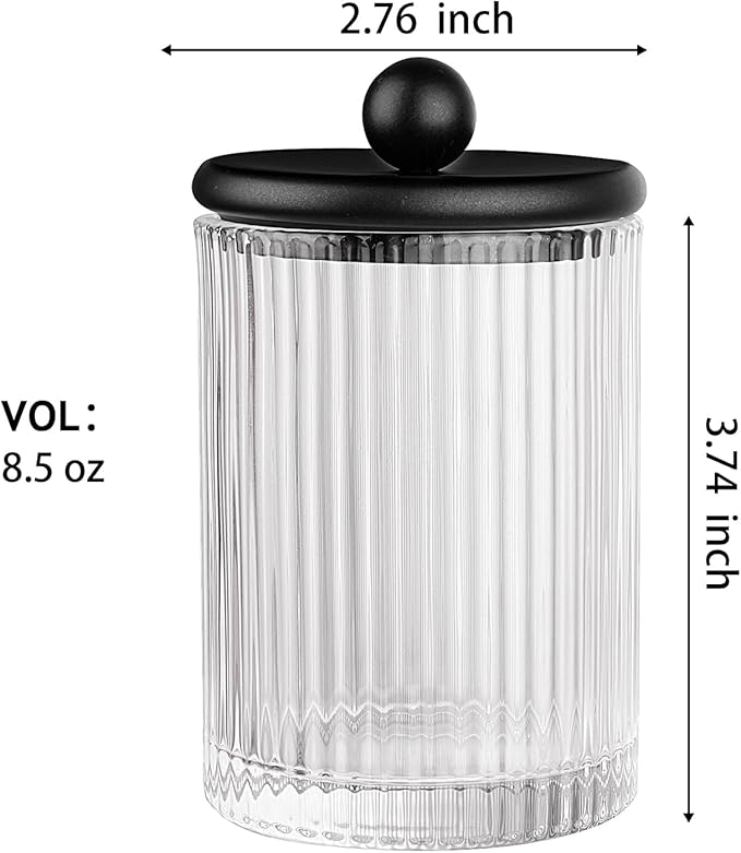 SheeChung 1-Pack Black Ribbed Glass Qtip Holder - Apothecary Jar Bathroom Organizer with Metal Lid - Small Vanity Canister for Cotton Swabs, Rounds, Floss Picks - Modern Luxury Decor