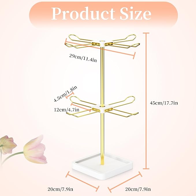 Rotatable Headband Organizer, 2 Tier Head Tie Holder, Hair Hoop Display Stand, Wooden Head Band Storage with 8 Metal Brackets, Scrunchie Rack for Bracelet, Jewelry, Claw Clip (White)