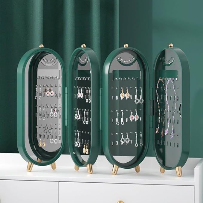 Foldable Jewelry Organizer with 153 Holes for Earrings, Mirror, and Elegant Gift Box - Perfect for Girls and Women (Green)