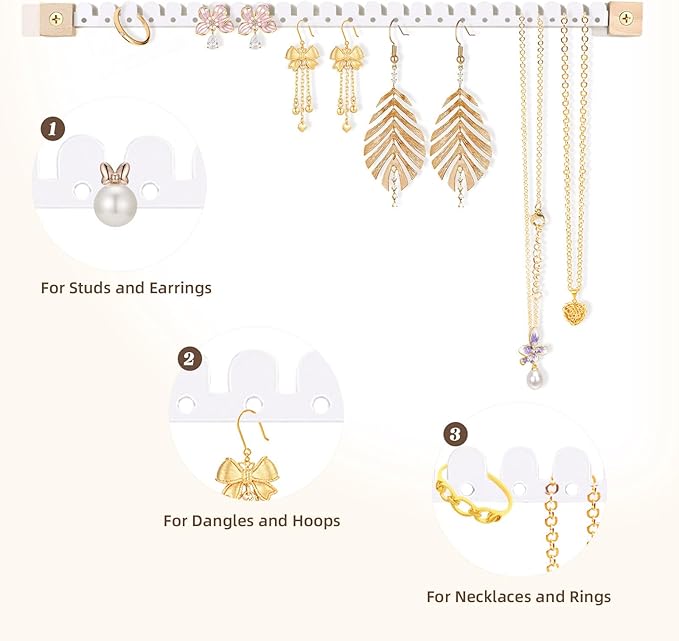 Earring Organizer Wall Mounted 2 Pack Earring Holder Hanging Jewelry Organizer Display for Stud/Hoop/Dangle Earring Necklace Bracelet Ring,White