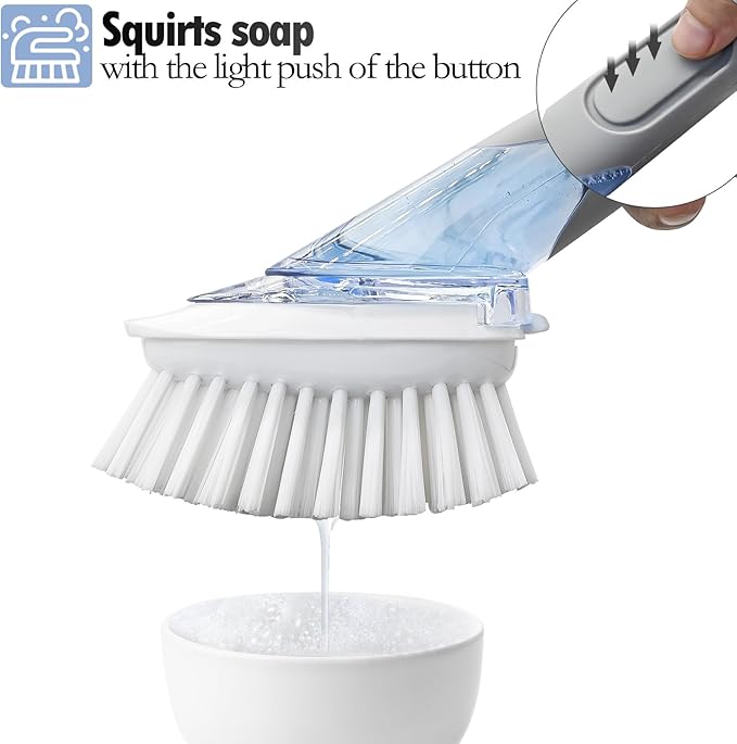 Soap Dispensing Replacement Dish Brush Storage Set with 2 PCS Brush Refills & Holder - RIMAY Dispenser Scrub Cleaning Scrubber Kitchen Dishwashing Dish Wand Handle for Dishes/Pans/Pots/Sink(Grey)