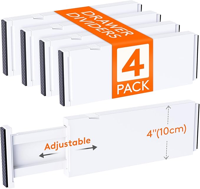 Lifewit 4 Pack 4" High Drawer Dividers 28-43.5cm/11-17" Adjustable Drawer Organizer for Clothes/Utensils, Expandable Drawer Separator in Dresser/Kitchen/Bedroom/Office Organization & Storage White