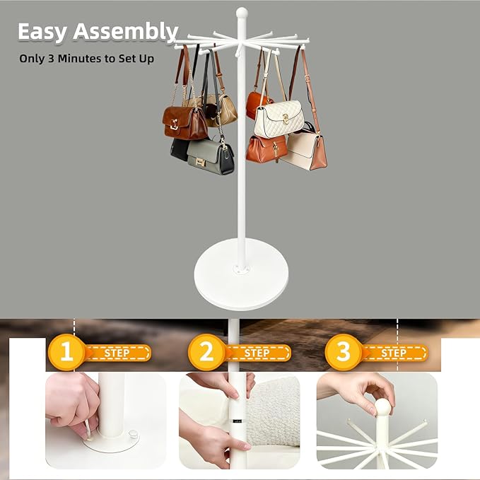 23-Inch Heavy-Duty Metal Rotating Rack - 12-Arm Freestanding Organizer with Wheels & Adjustable Pad Base for Scarf, Bag & Fabric - Ideal for Boutique, Retail & Home, White