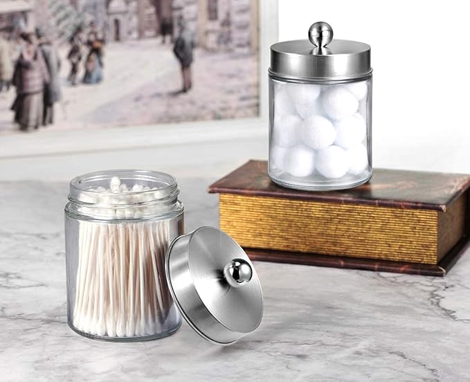 Amolliar 4Pc Apothecary Jars Bathroom Vanity Storage Organizer Set -Countertop Canister with Stainless Steel Lids &Stickers - Qtip Dispenser Holder for Qtip,Cotton Swab,Makeup Sponge (Brushed Nickel)