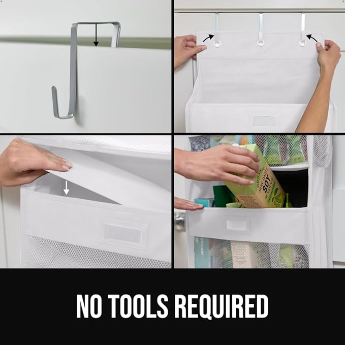 GORILLA GRIP Over The Door Organizer Storage, 5 Deep Hanging Shelves, Holds 50lbs, Closet Organizers Shelf for Bedroom, Bathroom, Nursery, Dorm Essentials, 3 Metal Hooks, 58x15 Inches, White