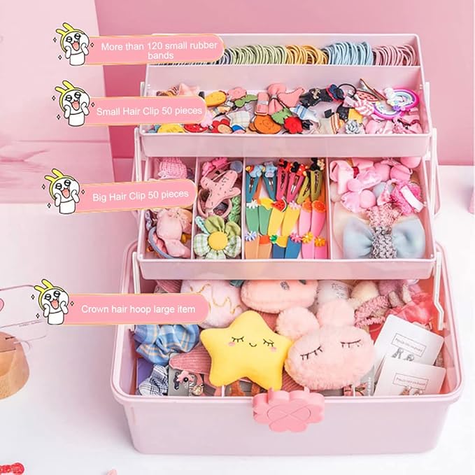 Kids Multi Layer Hair Accessories Organizer Storage Box with Stickers, Lids, and Handle - Plastic Hair Tie Holder for Toddler Girls