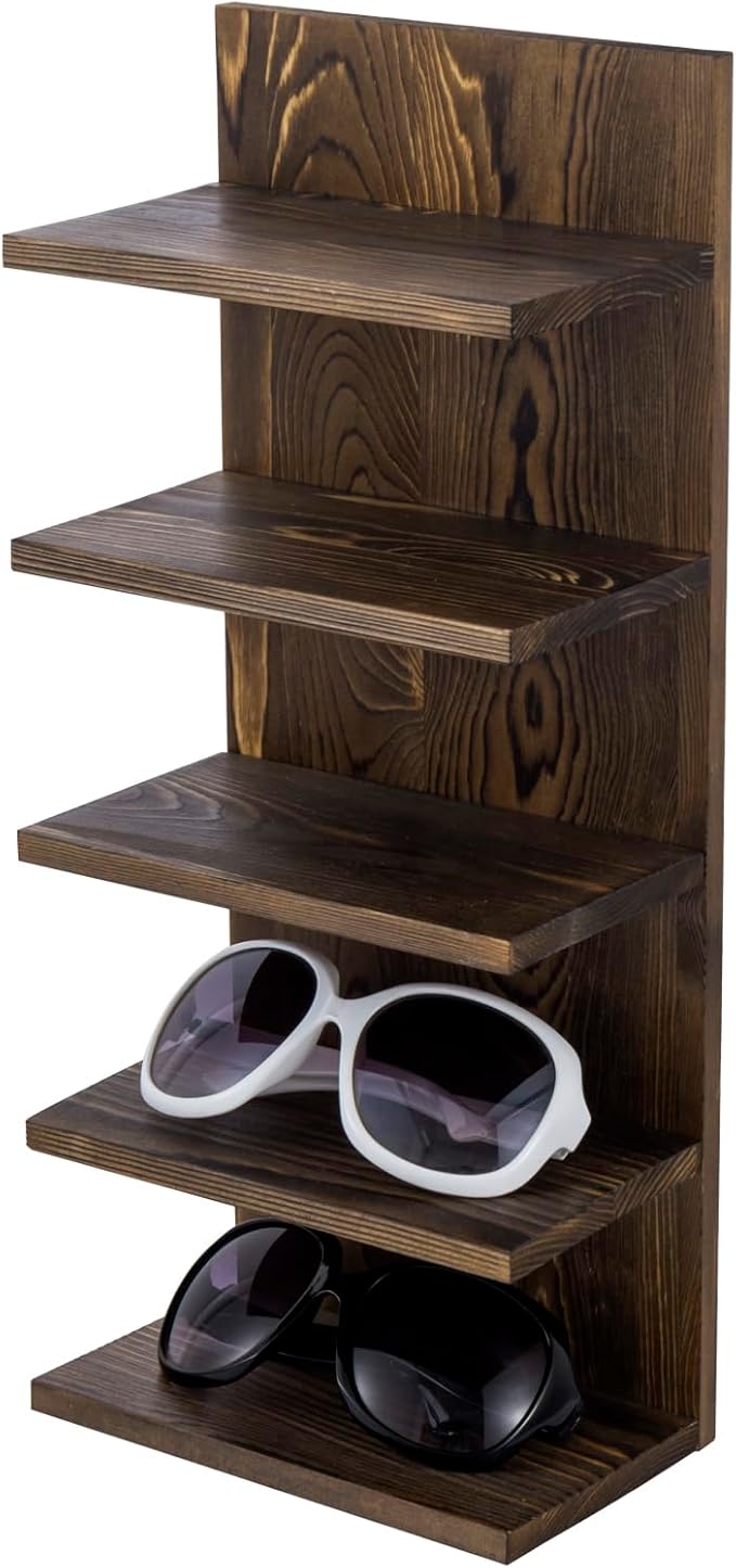 MyGift 5 Tier Rustic Burnt Solid Wood Sunglasses Holder Rack, Wall Mounted Eye Glasses Shelf or Tabletop Display Stand, Retail Eyewear Showcase Storage Organizer
