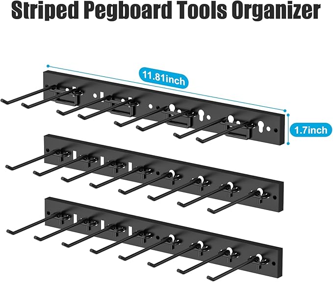 CCCEI 3 Modular Pegboard Strip Storage, Metal Peg Slat Wall Mount for Garage, Basement, Garden, Laundry Room Organization. Flexible Tool Organizer for Rake, Shovels, Crafting. Gifts for Men, Black.