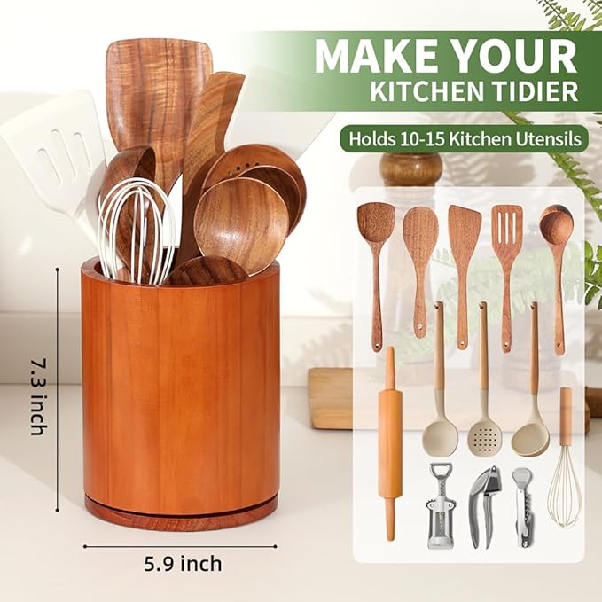 Wooden Utensil Holder, 360°Rotating 7.3'' Large Utensil Holder for Kitchen Counter, Kitchen Utensil Organizer, Utensil Crock, Farmhouse Kitchens Countertop Decor, Cherry