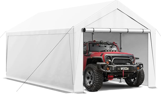 10x20 Carport, Heavy Duty Carports with Removable Sidewalls, Waterproof and UV-Resistant, Portable Outdoor Garage Shelter for Cars, Vehicles, and Boats (White)