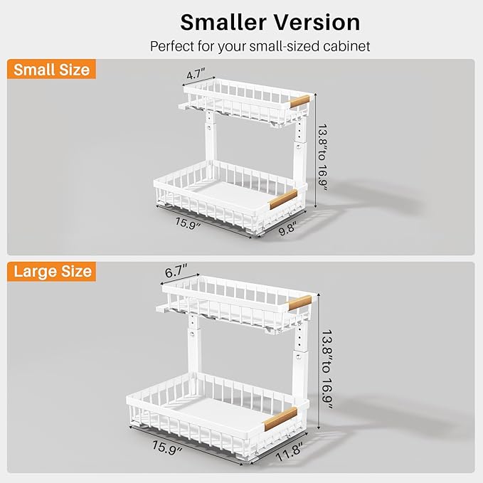 PXRACK Under Sink Organizer, Adjustable Height, 2-Pack 2 Tier Pull Out Under Cabinet Organizer, Slide Out Thickened Metal Under Sink Storage for Kitchen Bathroom Laundry Pantry Cabinet, S, White