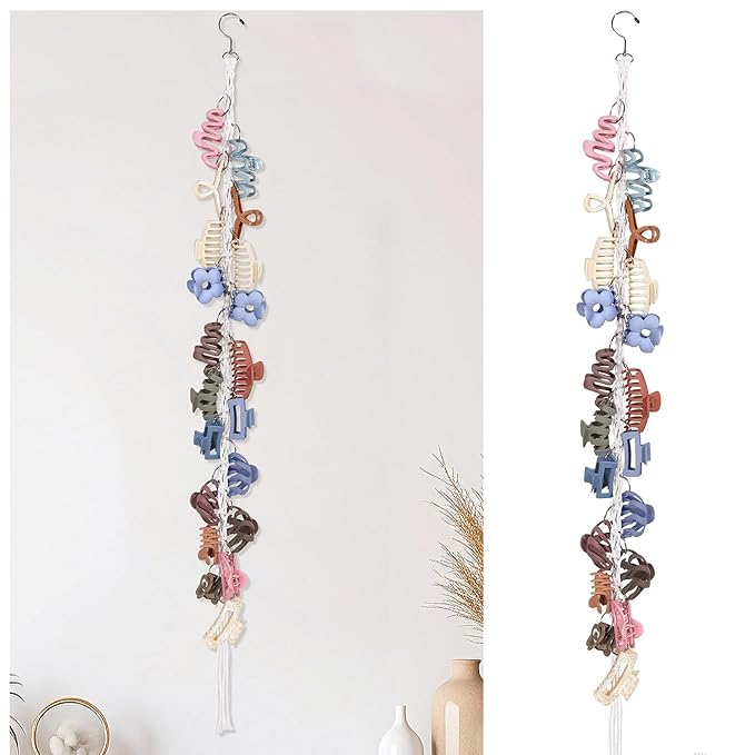 SNOWSTAR Macrame Hair Claw Clip Organizer with Rotating Hook and 20 Metal Rings,Hanging Hair Clip Holder and Storage for Women Girls,Claw Clips Hanger Home Decor for Wall,Door,Closet