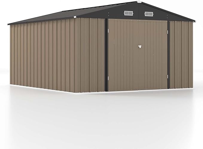Patiowell 10x12 FT Storage Shed, Outdoor Metal Sheds with Lockable Door and Sloping Roof, Waterproof Outside Large Garden Tool Shed with Breathable Vents for Patio Lawn Backyard, Brown