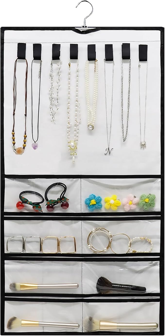 Muka Hanging Jewelry Organizer, Double Sided Foldable 48 Pockets Closet Jewelry Organizer Storage with Hanger, White
