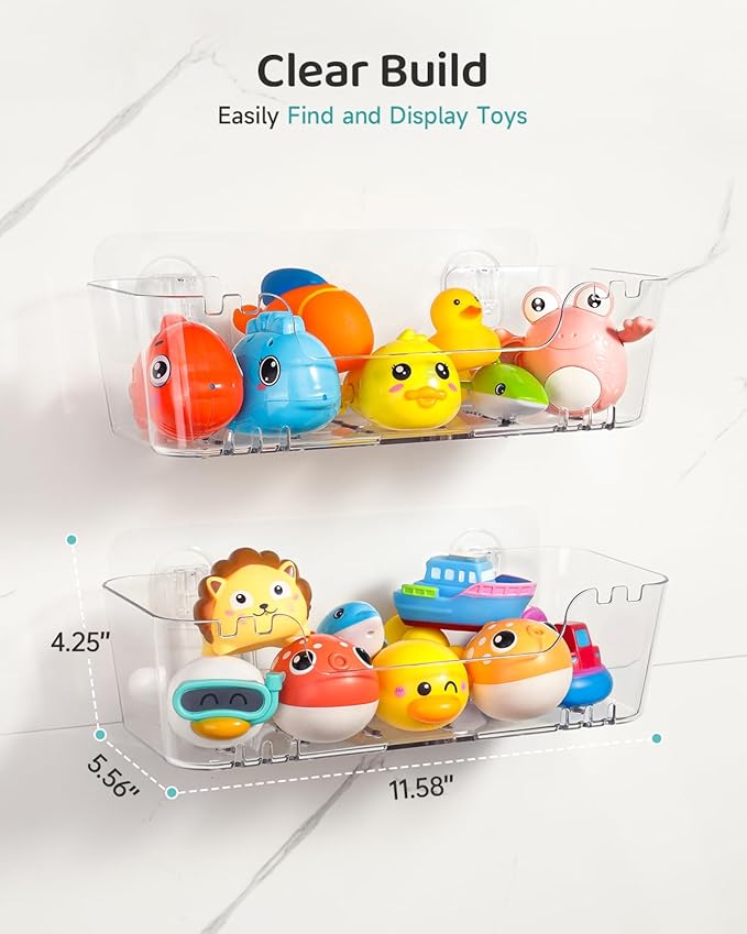 Bath Toy Storage Organizer 2 Pack, Transparent Bath Toy Holder with Drain Holes, Durable Plastic Bathtub Toy Storage for Bathroom, Quick-Dry Drainable Shower Caddy, Easy to Clean and Install