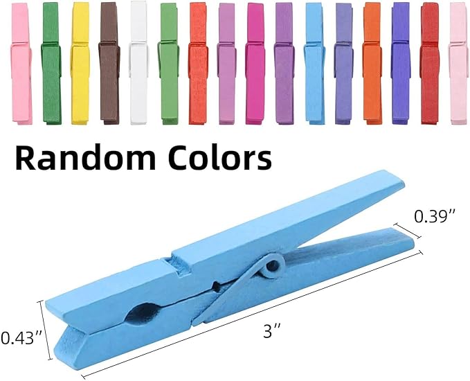 100pcs Colored Clothespins Wooden Heavy Duty Clothes Pins with Strength Spring - Wood Clips for Crafts Pictures Classroom Photos, 3inch, Random Colors