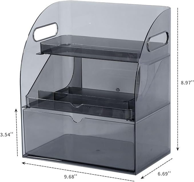 FABROK 3-Layer Desk Organizer with Drawer, Clear Office Supplies and Desk Accessories Organizer with Handle, Desktop Organizer and Storage for Stationery（Gray）